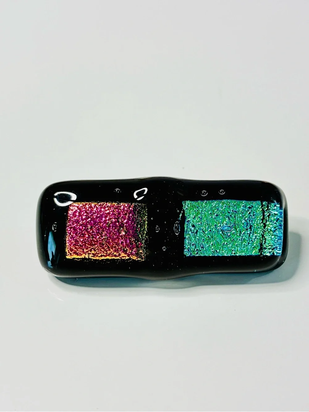 VTG Handmade Dichroic Glass Cabochon - Pink & Teal Rectangle Bar Brooch EUC